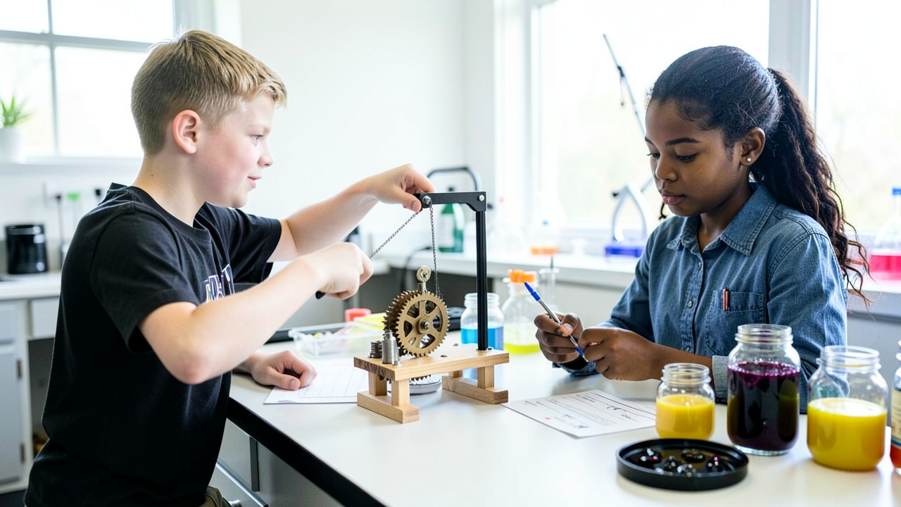 Two middle school students test a small pulley-and-gear machine with a spring scale at a lab bench stocked with labeled mixture jars.
