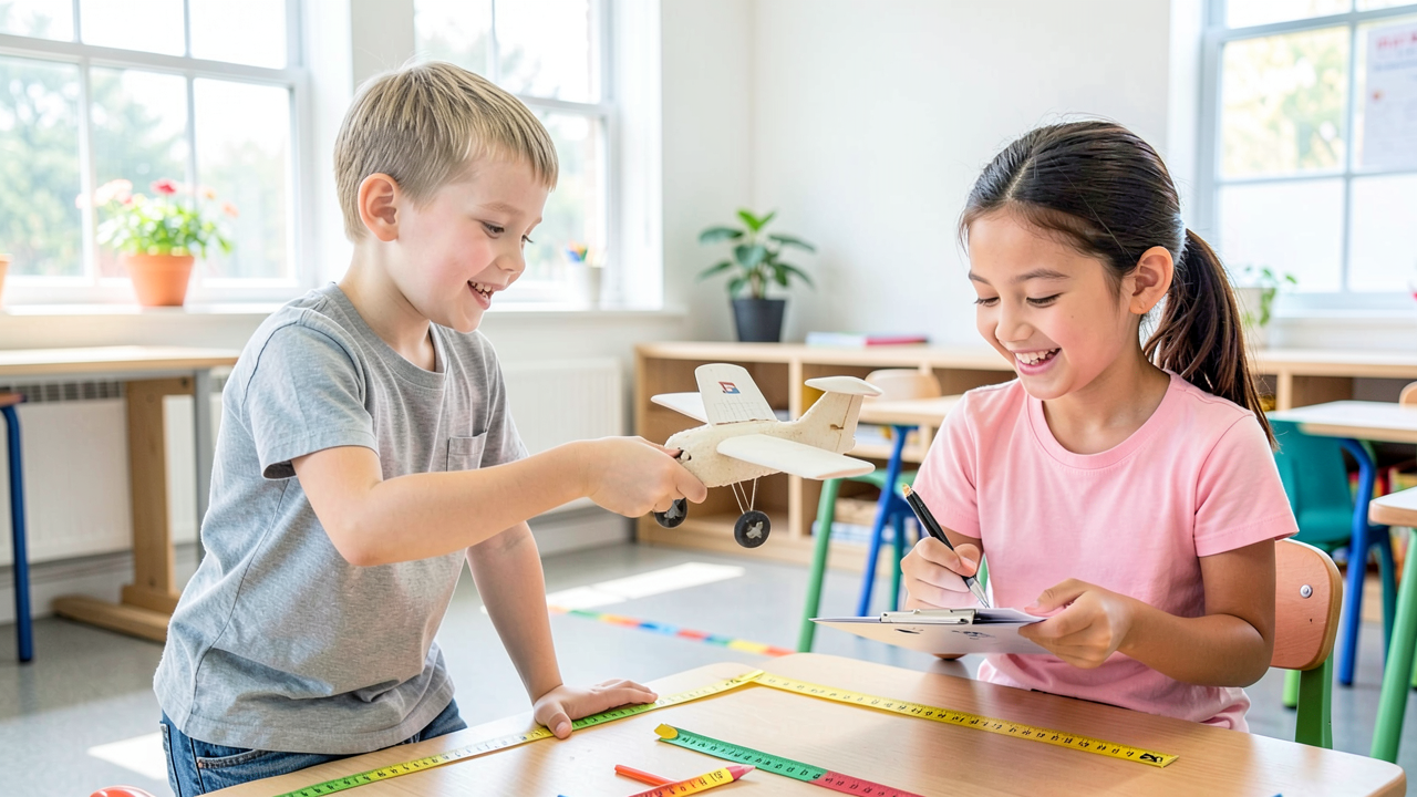 Two elementary students in a sunny classroom launching a handmade foam glider, one child mid-throw while the other watches with a clipboard for recording the flight.