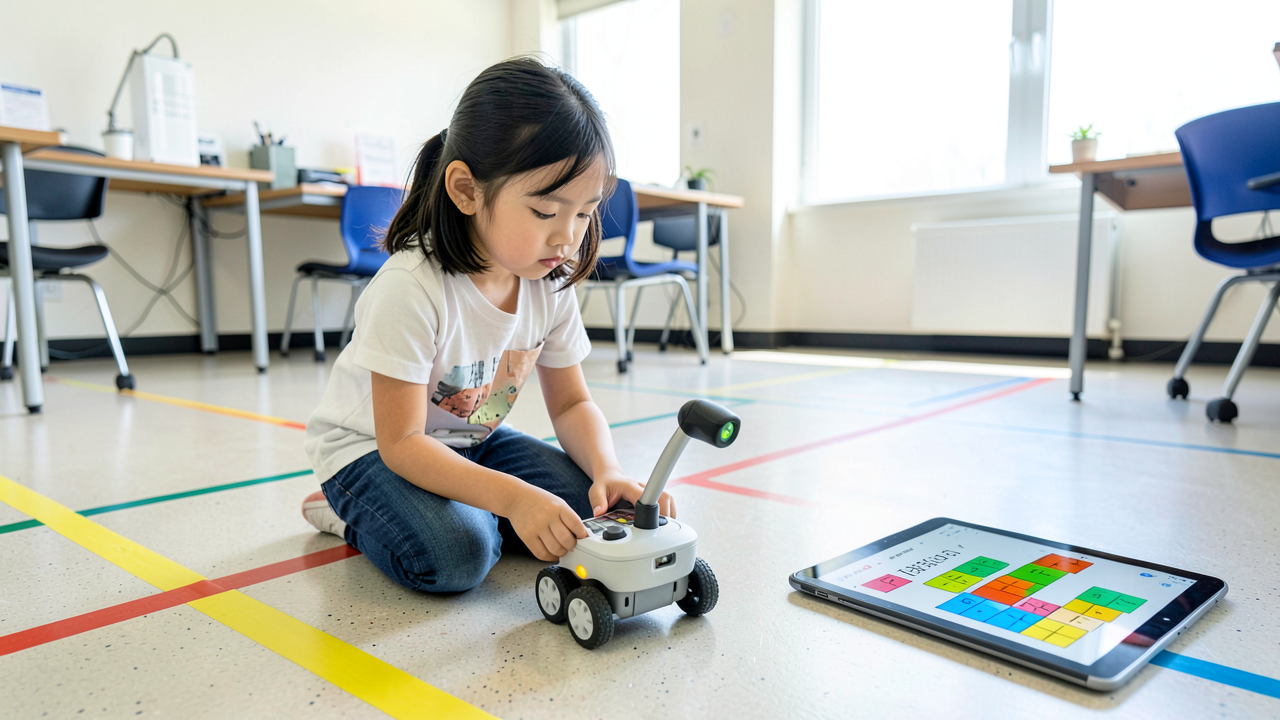 A fifth-grade student kneeling beside a small wheeled robot on a taped floor course in a modern classroom, adjusting its gripper while a tablet with block code sits nearby.