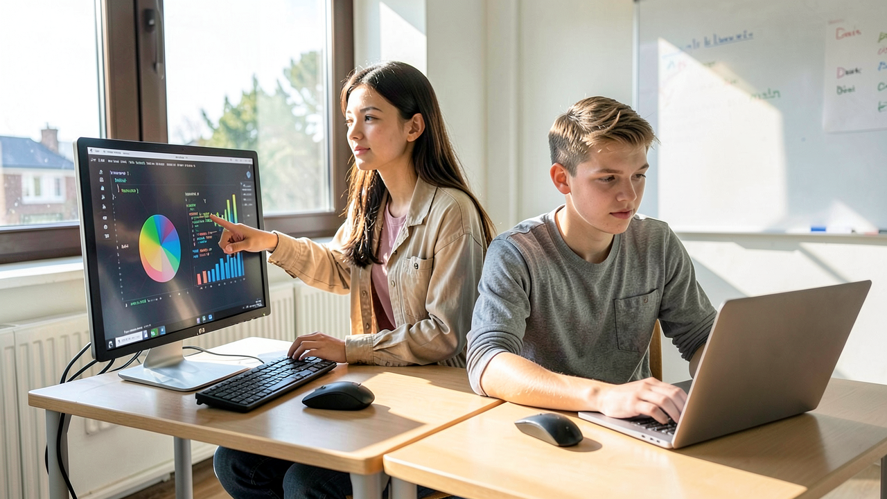 A high school student pointing at a colorful data visualization on a monitor while a classmate types Python code beside them