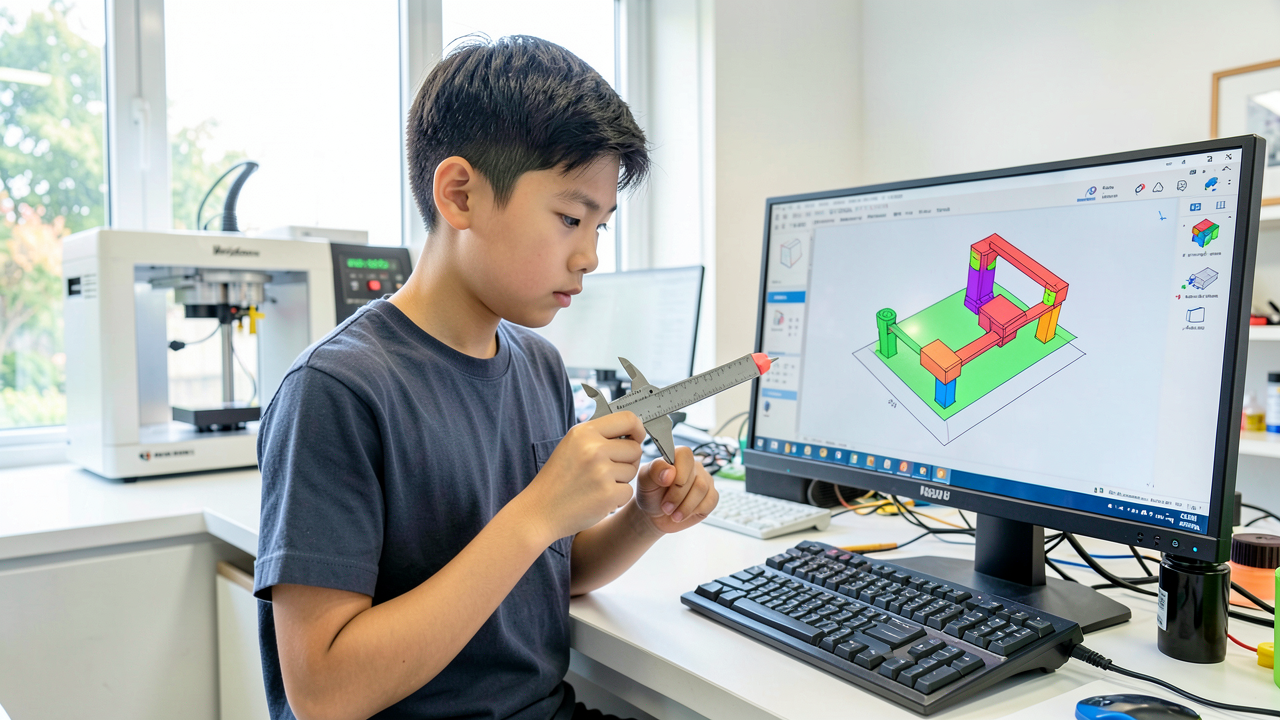 A high school student comparing a freshly 3D-printed part against its CAD model on a monitor while holding calipers.