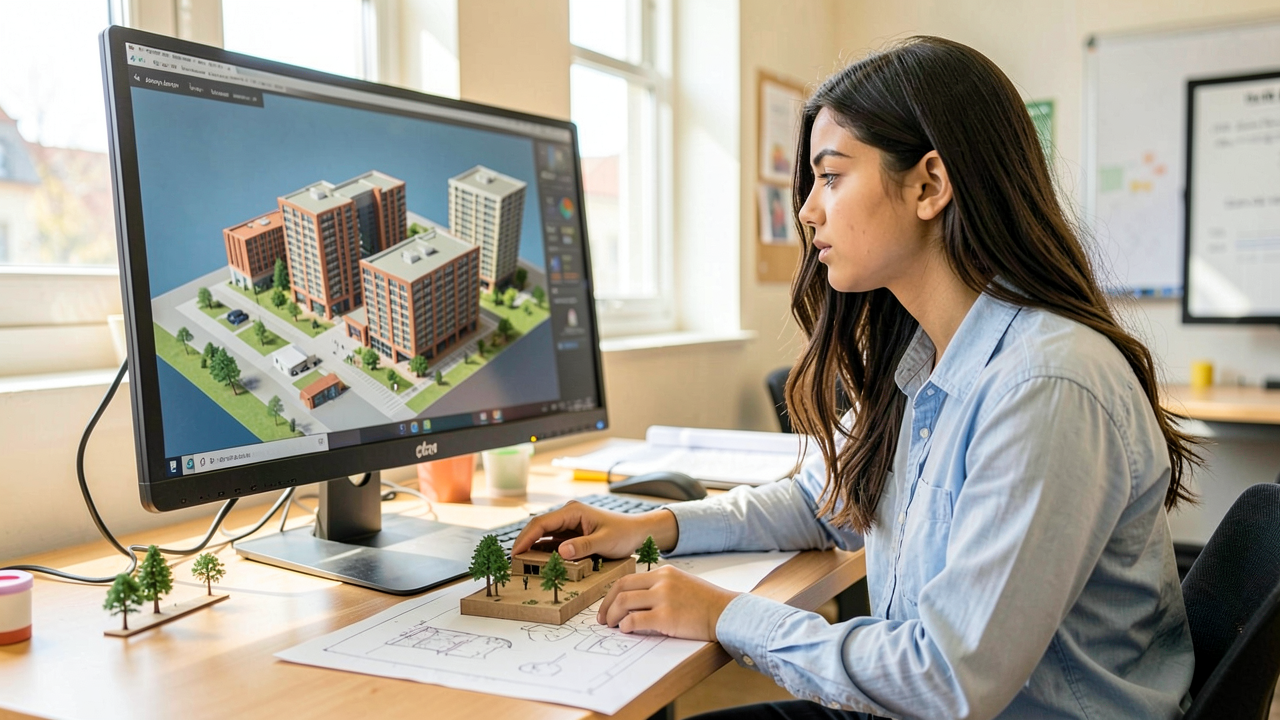 A high school student reviewing a 3D building model on a large monitor beside a physical site model.
