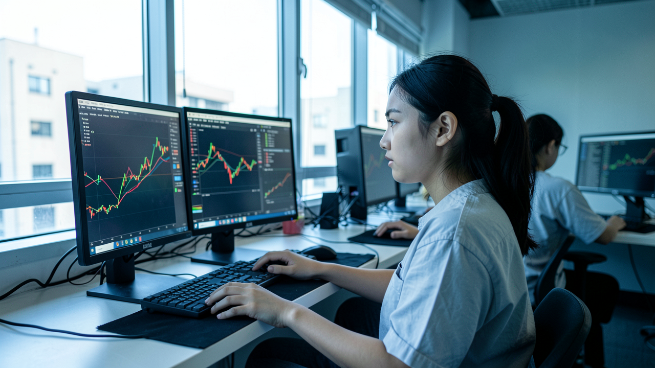 A high school student analyzing network packet captures across two monitors in a dim lab lit by screen glow and window light