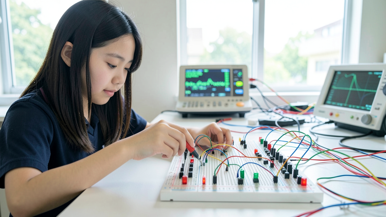 A high school student probing a breadboard full of logic chips and LEDs with a multimeter.