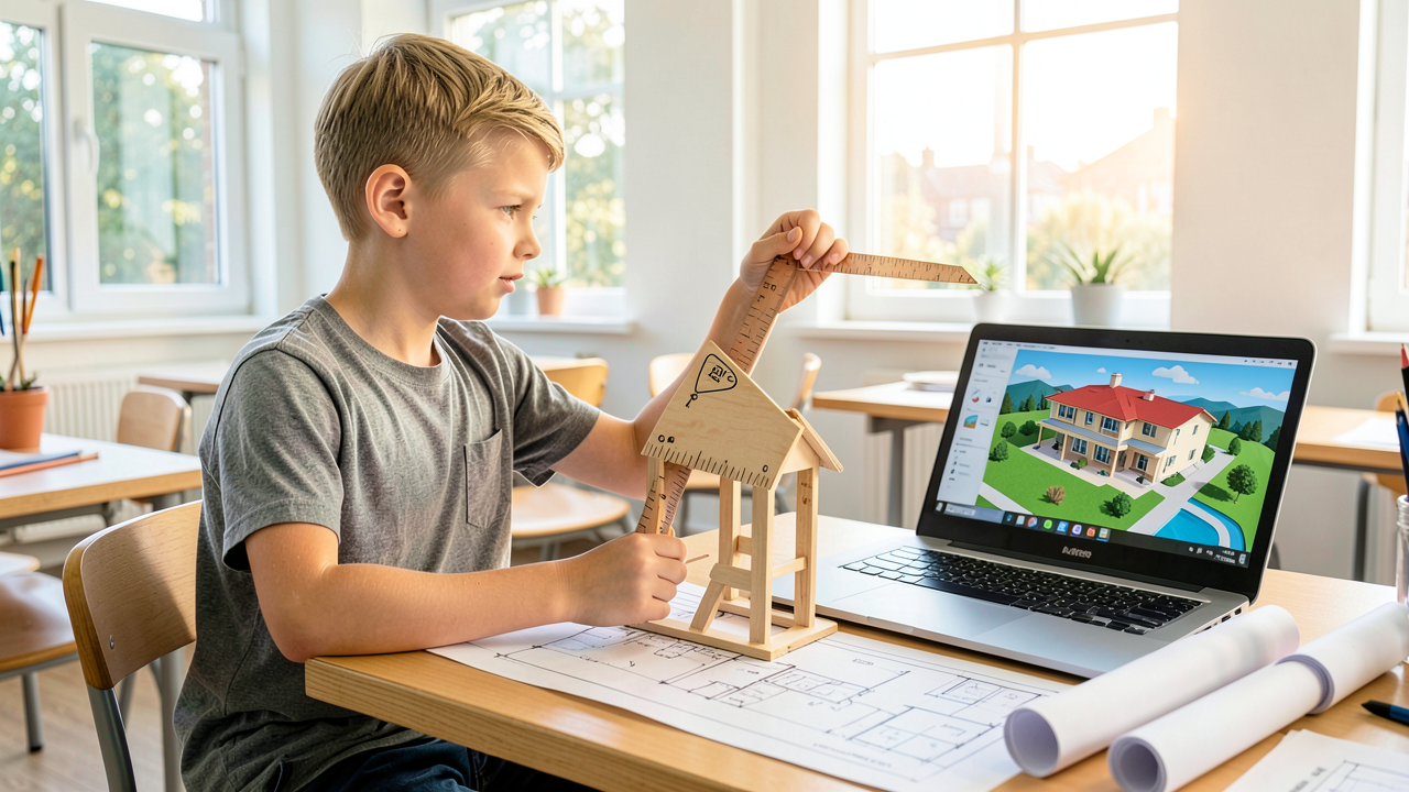 A middle school student measures a balsa-wood model house frame with a scale ruler beside a laptop showing a 3D building model.