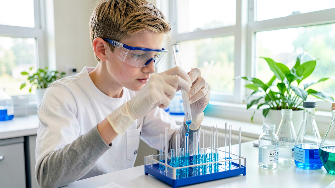A high school student in safety goggles loading a micropipette sample into a gel electrophoresis chamber.