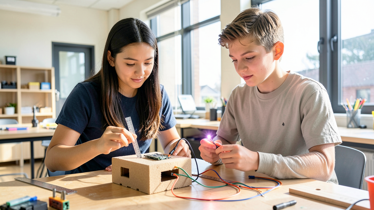Two high school students at a bright workbench testing a cardboard prototype fitted with a small microcontroller and sensor.