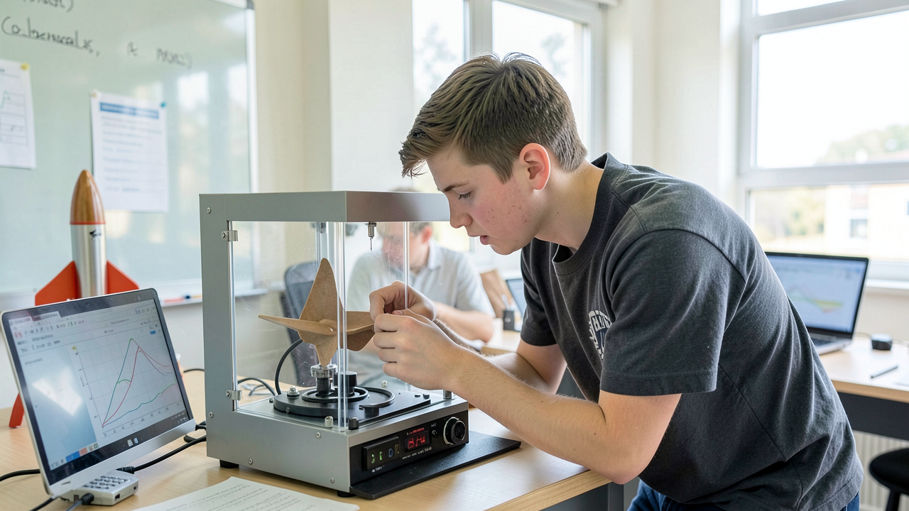 A high school student adjusting a small 3D-printed airfoil inside a benchtop wind tunnel test section.