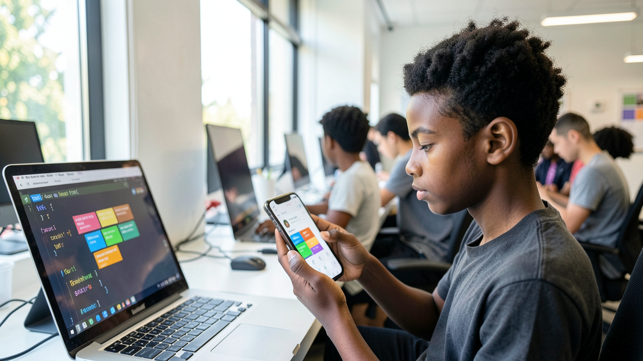 A teenage student smiling while testing a block-coded app on a smartphone, laptop showing colorful code blocks beside it