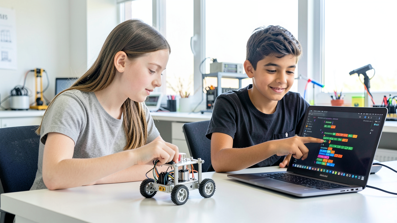 Two middle school students test a small wheeled robot with a gear train while one adjusts block code on a laptop.