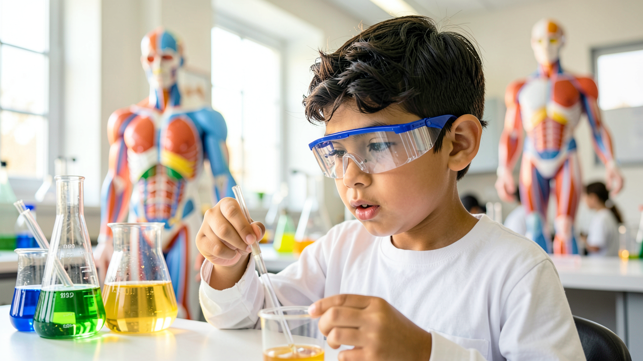 An elementary student in a bright science classroom wearing safety goggles and examining a petri-dish model while a labeled poster of the human body stands in the background.