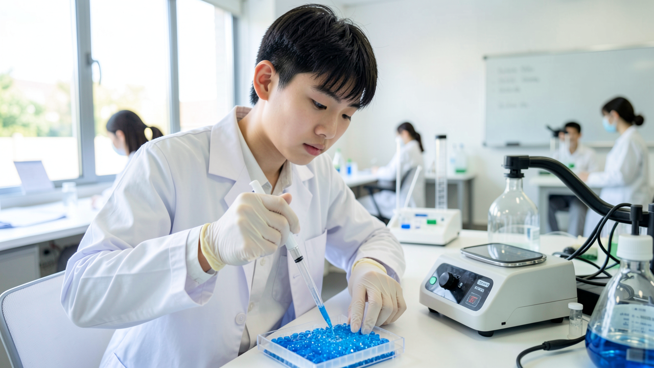 A teenage student loading a DNA sample into an electrophoresis gel in a modern high school biotechnology lab.