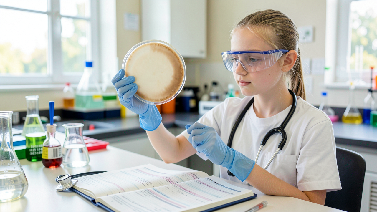 A middle school student in gloves and safety glasses examines a culture plate next to a stethoscope and case notes in a bright biology lab.