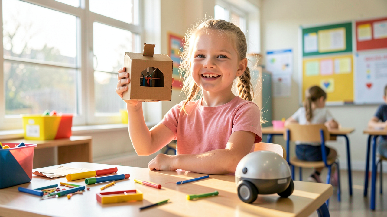 A kindergarten-age child in a bright classroom proudly holding a handmade cardboard tool prototype, with craft materials and a small floor robot on the table nearby.