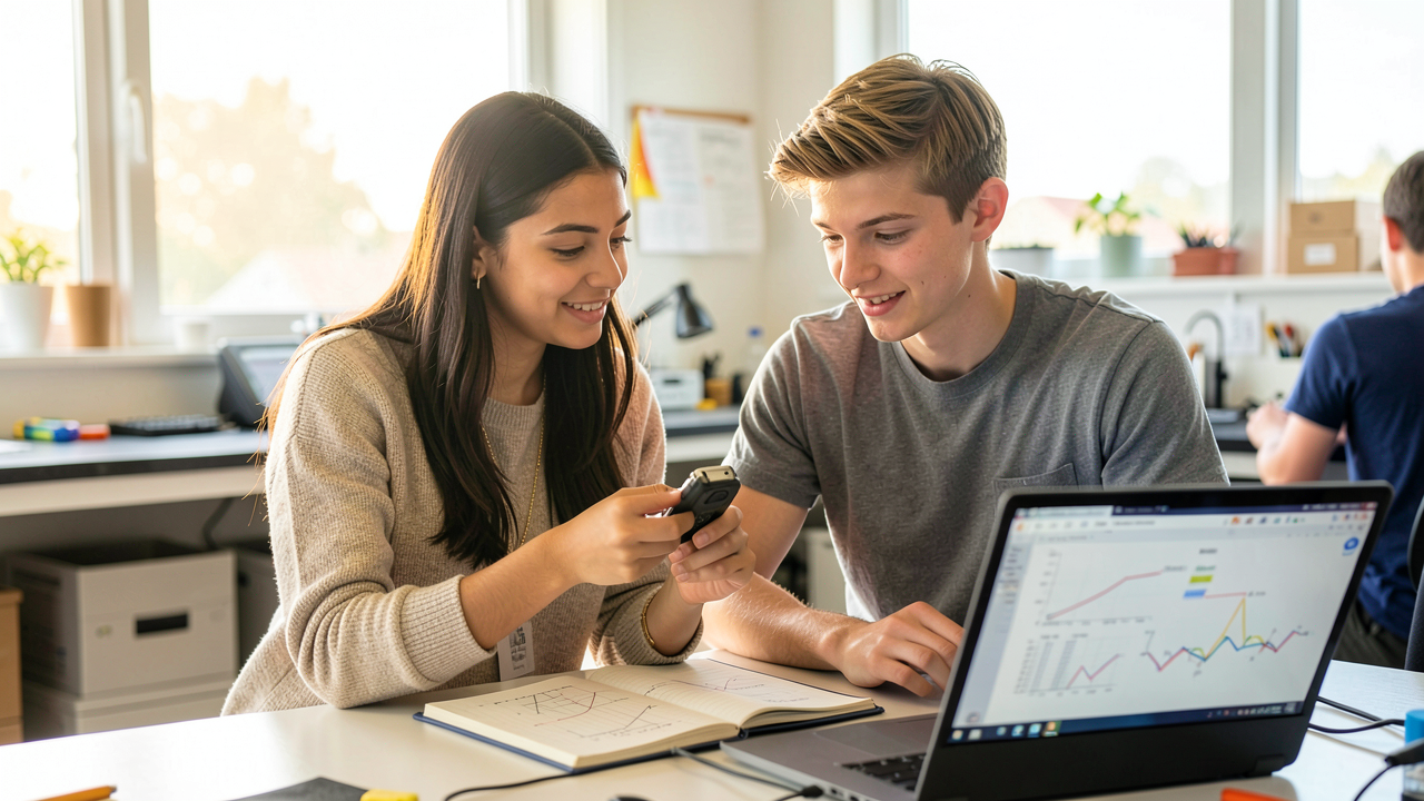 Two senior students at a lab bench examining a physical prototype together, engineering notebook and laptop with charts open beside them