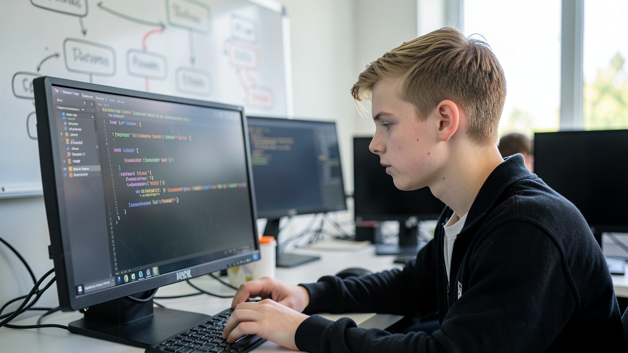 A focused high school student writing Java code on a large monitor, a whiteboard of class diagrams visible behind them