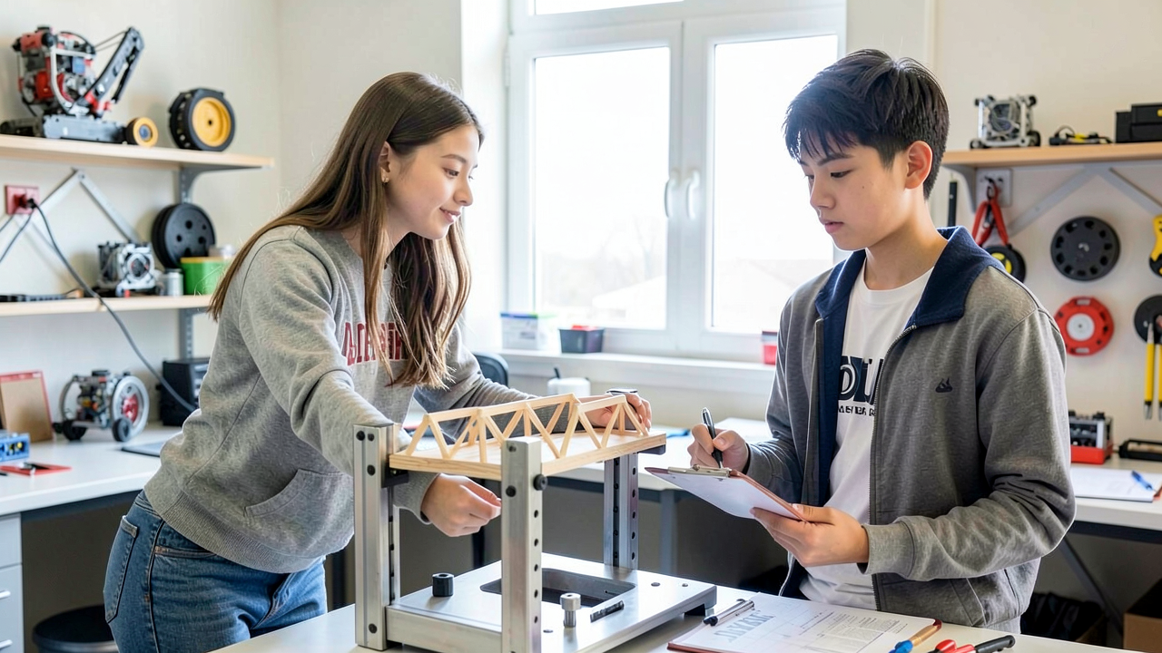 Two high school students loading weights onto a small wooden truss bridge in a structural testing rig.
