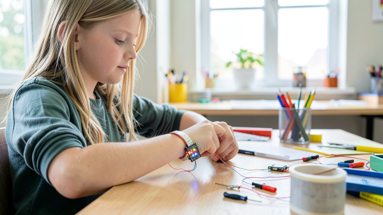 A middle school student sews conductive thread into a fabric wristband connected to a small microcontroller with glowing lights.