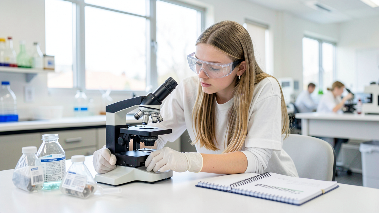 A teenage student in safety goggles and gloves examining evidence slides under a microscope at a bright biomedical classroom lab bench.