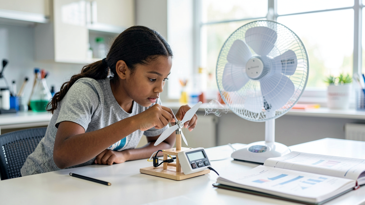 A middle school student adjusts the blades of a small tabletop wind turbine while watching a power meter reading in a bright science lab.