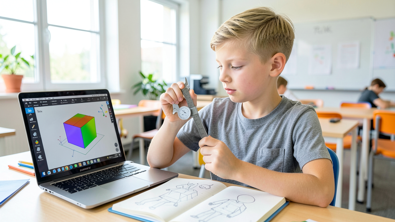 A middle school student compares a hand-drawn multi-view sketch to a 3D model on screen while holding a small printed prototype.