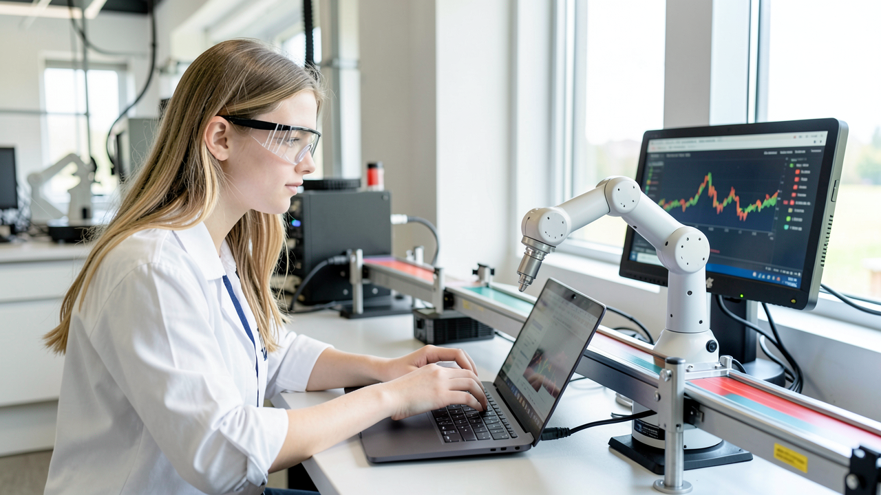 A high school student programming a tabletop six-axis robotic arm from a laptop as it picks a part from a conveyor.