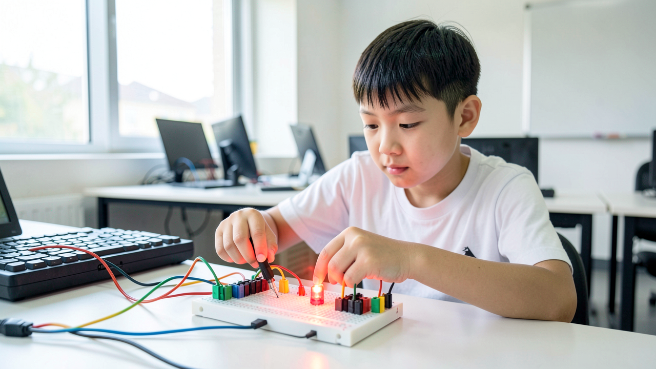A middle school student probes a breadboard circuit with a multimeter while an LED glows, in a bright electronics classroom.