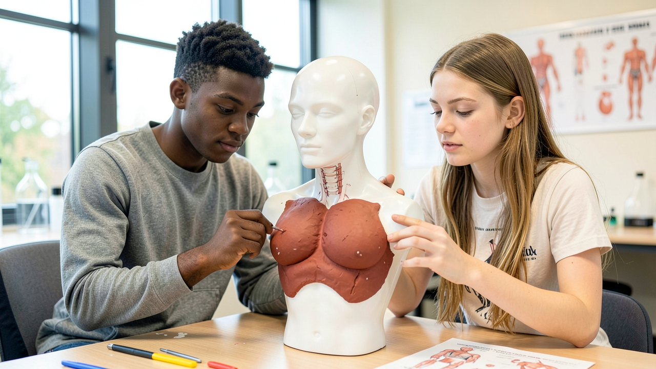 Two teenage students building clay muscles onto an anatomical model in a bright biomedical science classroom.