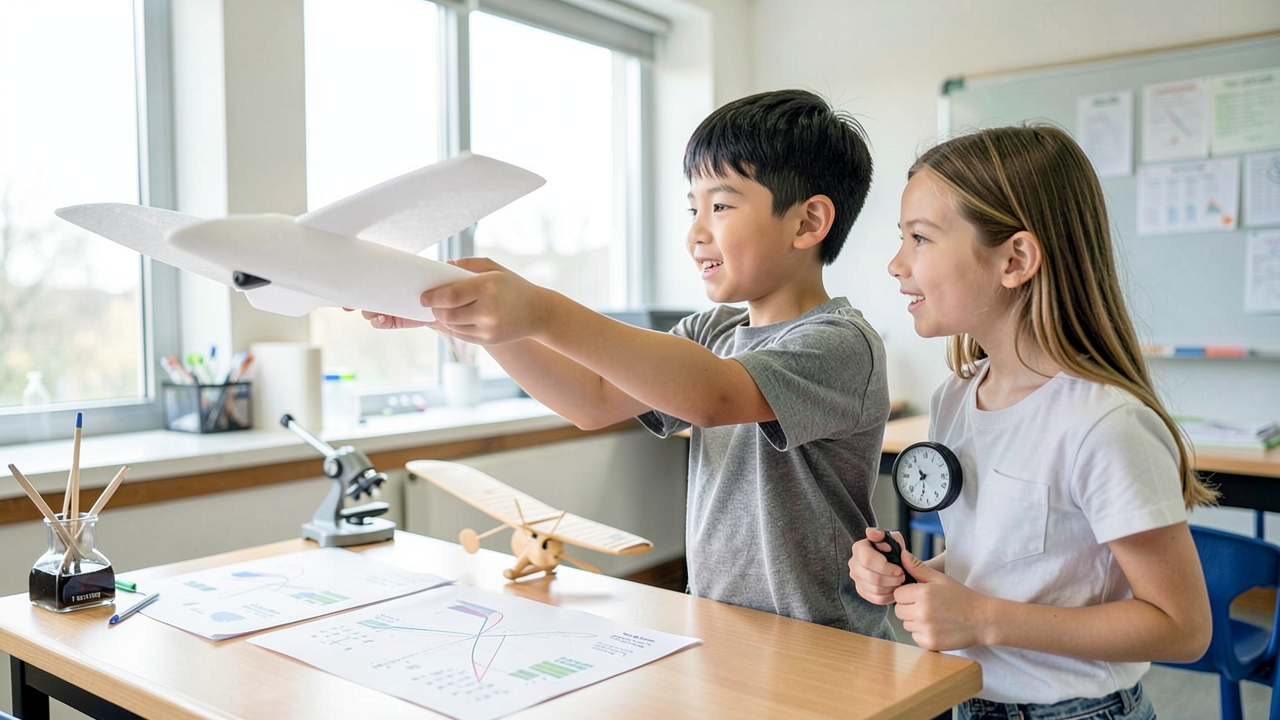 A middle school student launches a foam glider across a classroom while a chart of flight test results sits on the desk.
